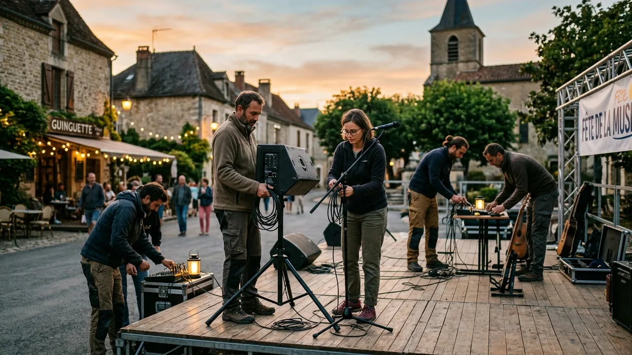 Équipe bénévole installant le matériel scénique en plein air